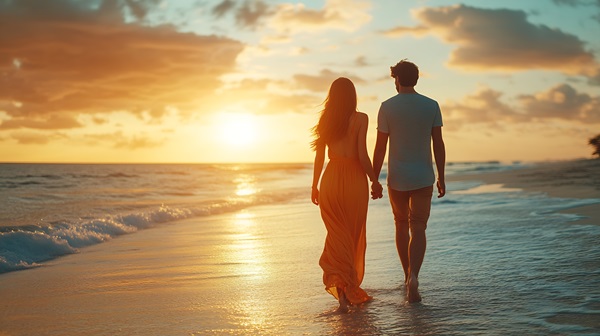 A couple walking hand-in-hand along the shoreline at sunset, with golden light reflecting off the water and soft waves rolling in.