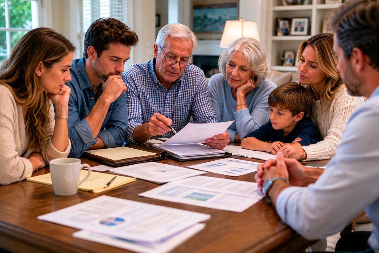 Multi-generational family in Florida sitting around a table reviewing legal estate planning documents, financial charts, and inheritance reviews.