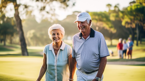 Florida retirees smiling on a golf course in Florida during a sunny day.
