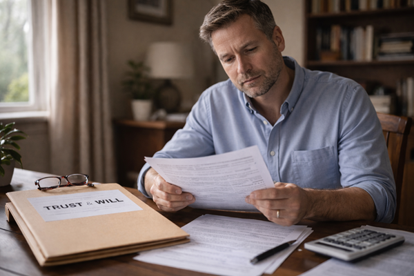 A man reviewing legal documents at a desk next to a folder labeled "Trust & Will," illustrating the process of how pour-over wills work in Florida to ensure assets are properly transferred into a living trust.