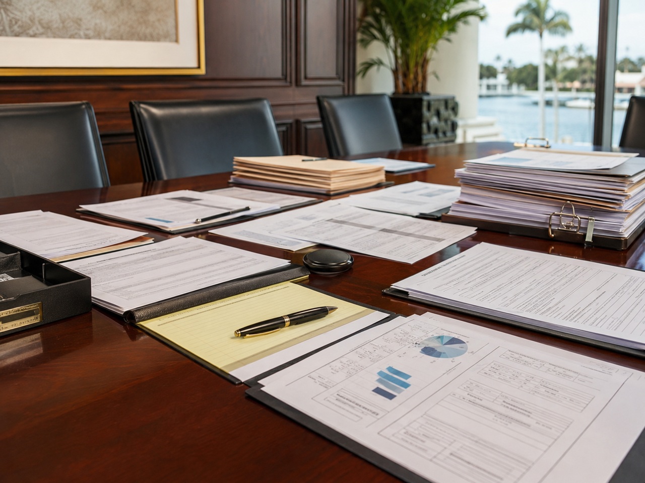 A long, polished mahogany conference table in a formal office setting is arranged with various estate planning files, stacks of important documents, a yellow legal pad with a pen, and printed charts, with a large window in the background looking out onto a palm-tree-lined waterfront in Boca Raton, Florida.