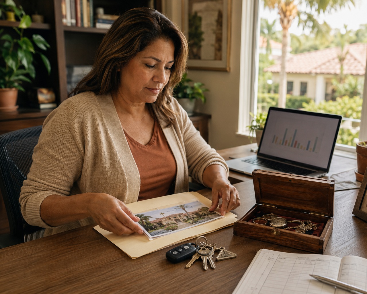 Florida homeowner organizing real estate, financial records, keys, and family valuables for a living trust.